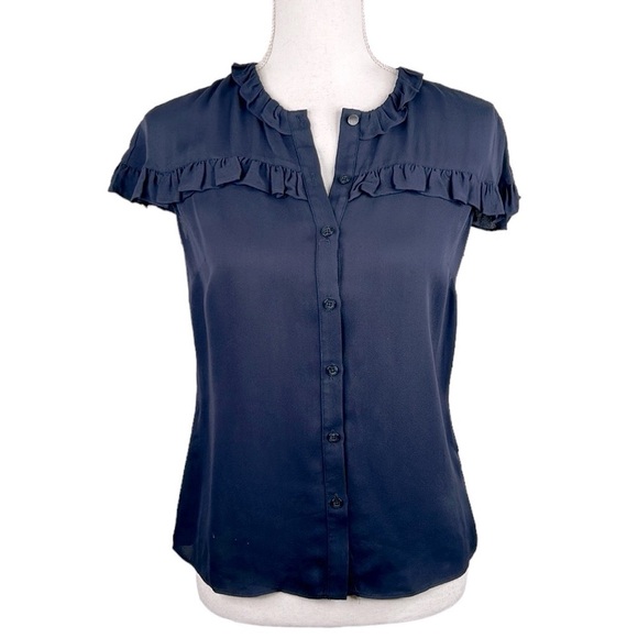 Brooks Brothers Navy Blue Viscose Button Down Ruffle Short Sleeve Top Size XS/0 - Picture 1 of 7
